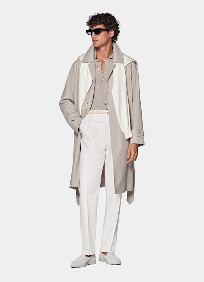 SUITSUPPLY Wrinkle-Free 4-Ply Wool by Rogna, Italy Light Taupe Belted Overcoat