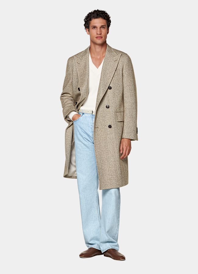 SUITSUPPLY Wolle Kaschmir von E.Thomas, Italien Grüner Mantel im Fischgrätmuster