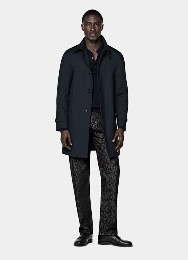 SUITSUPPLY Water-Repellent Wool Polyurethane by Vitale Barberis Canonico, Italy Navy Raincoat