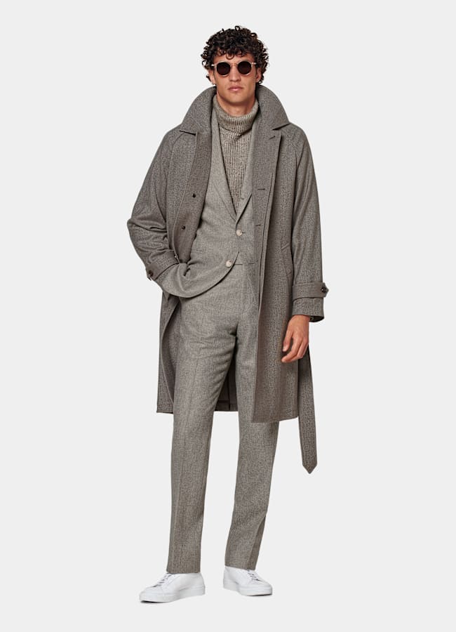 SUITSUPPLY Lana y cachemir de Rogna, Italia Abrigo gris topo punto de espiga con cinturón