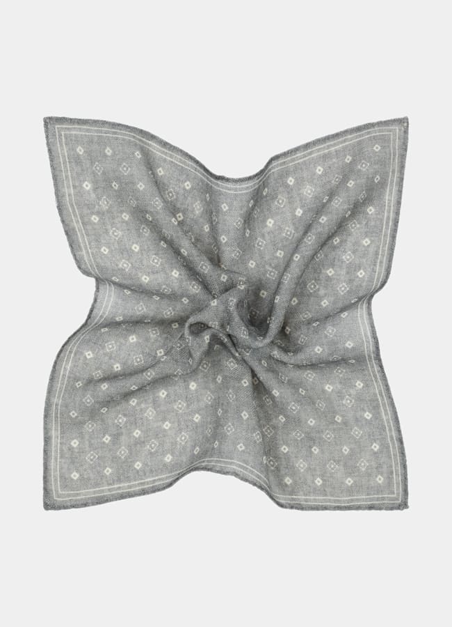 SUITSUPPLY Wool Silk by Silk Pro, Italy Light Grey Graphic Pocket Square
