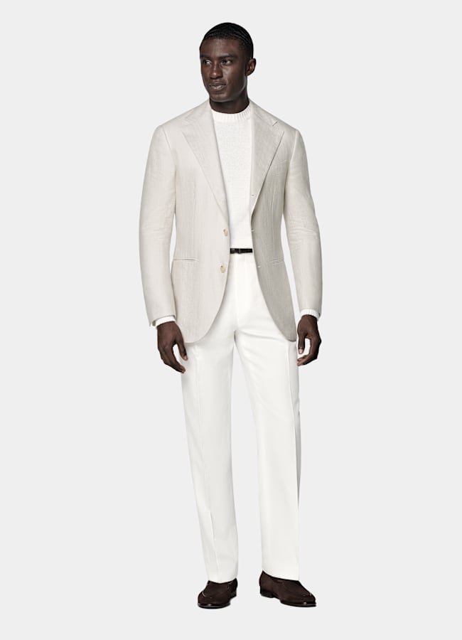 SUITSUPPLY Été Lin, laine, soie par Rogna, Italie Blazer Roma coupe Relaxed sable à chevrons