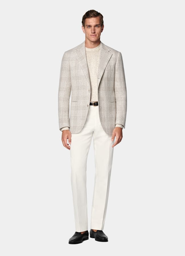 SUITSUPPLY Verano Lino, seda, lana y algodón de Ferla, Italia Blazer Roma gris topo claro a cuadros corte Relaxed