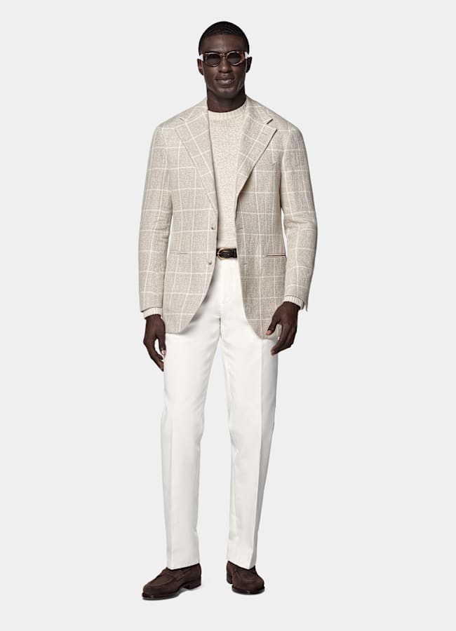 SUITSUPPLY Verano Puro lino de Leomaster, Italia Blazer Roma gris topo claro a cuadros corte Relaxed