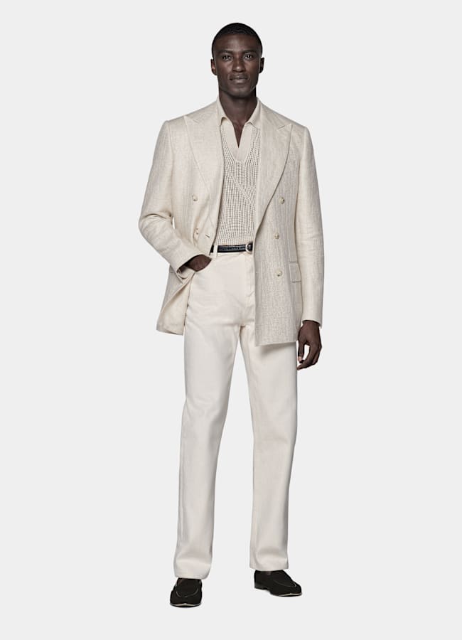 SUITSUPPLY Sommer Leinen Seide von Leomaster, Italien Milano Sakko helltaupe Fischgrätmuster Tailored Fit