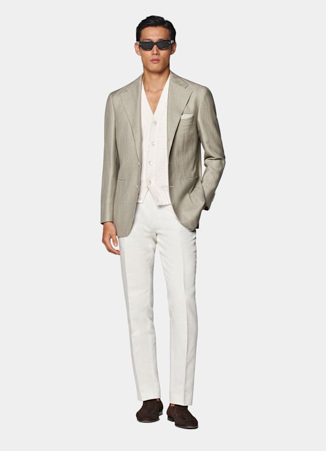 SUITSUPPLY All Season Wool Silk Linen by Rogna, Italy Light Green Herringbone Relaxed Fit Roma Blazer