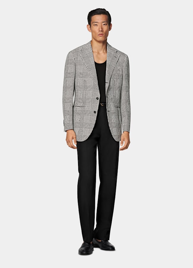 SUITSUPPLY All Season Linen Silk Wool Cotton by Ferla, Italy Black Checked Relaxed Fit Roma Blazer