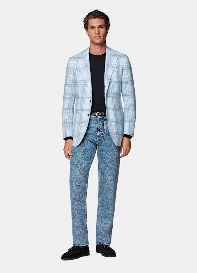 SUITSUPPLY Summer Linen Wool Silk by Lanificio Ermenegildo Zegna, Italy Light Blue Checked Tailored Fit Havana Blazer