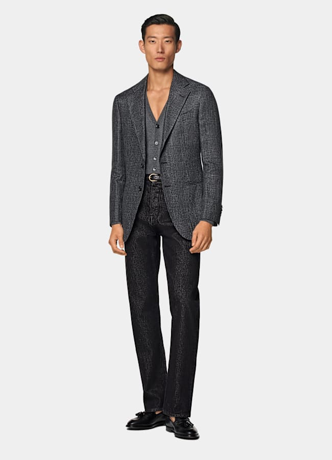 SUITSUPPLY Summer Linen Wool by Drago, Italy Dark Grey Checked Tailored Fit Havana Blazer