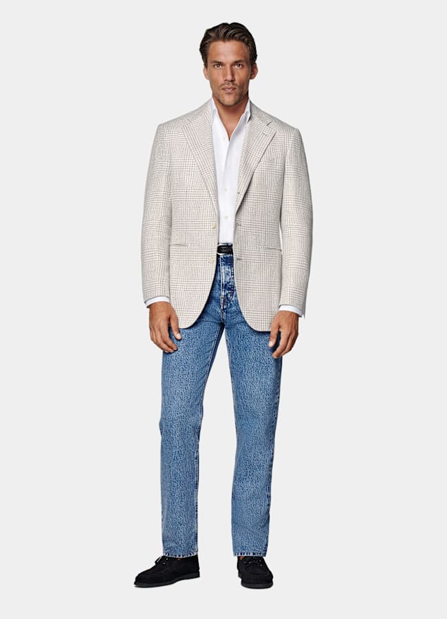 SUITSUPPLY Summer Linen Silk Wool Cotton by Ferla, Italy Light Grey Checked Relaxed Fit Roma Blazer