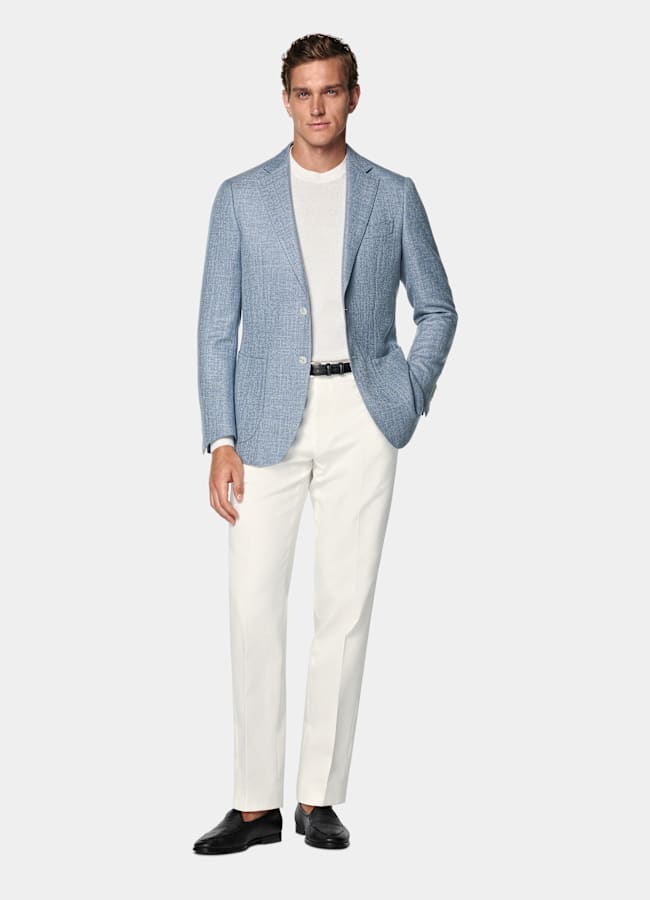 SUITSUPPLY Summer Wool Silk Linen Cashmere by E.Thomas, Italy Light Blue Tailored Fit Havana Blazer