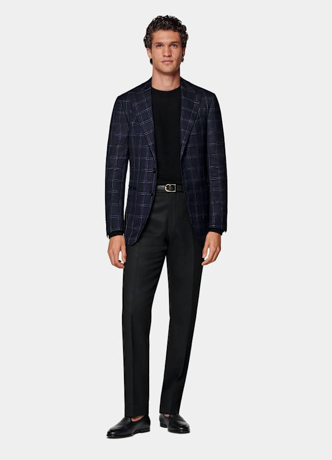 SUITSUPPLY Summer Stretch Wool Blend by Reda, Italy Navy Checked Tailored Fit Havana Blazer