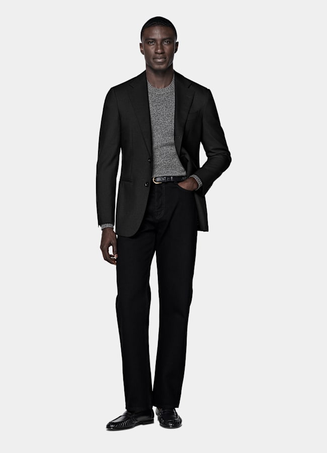 SUITSUPPLY All Season Wrinkle-Free 4-Ply Wool by Rogna, Italy Black Tailored Fit Havana Suit Jacket