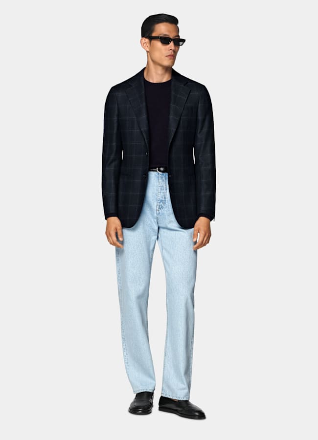 SUITSUPPLY Winter Wool Cashmere by E.Thomas, Italy Navy Checked Tailored Fit Havana Blazer