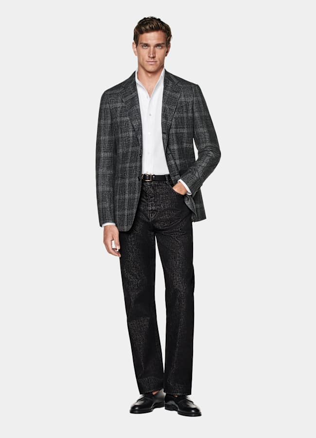 SUITSUPPLY All season Laine, soie et lin par Carlo Barbera, Italie Blazer Havana coupe Tailored gris à carreaux