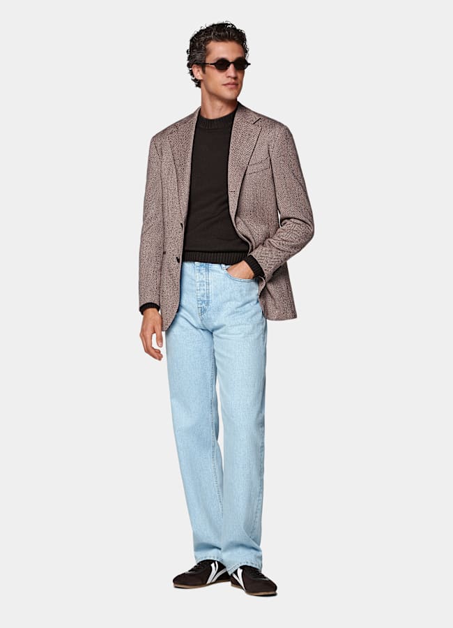 SUITSUPPLY Winter Wool Alpaca Silk by Ferla, Italy Pink Herringbone Relaxed Fit Roma Blazer