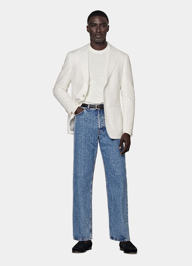 SUITSUPPLY Summer Linen Cotton by Di Sondrio, Italy Off-White Tailored Fit Havana Suit Jacket