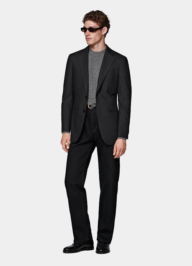 SUITSUPPLY All Season Wrinkle-Free 4-Ply Wool by Rogna, Italy Dark Grey Tailored Fit Havana Suit Jacket