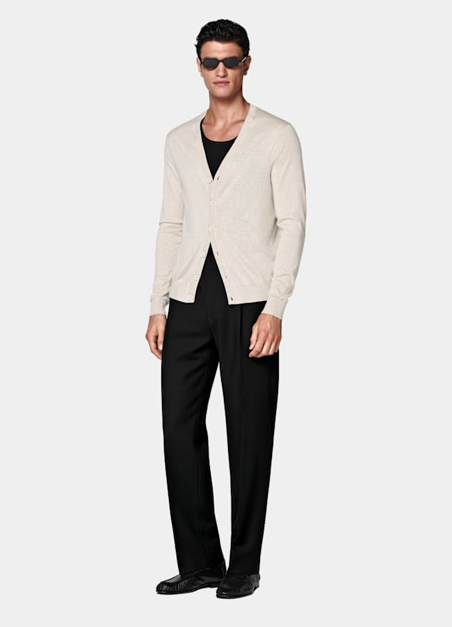 SUITSUPPLY Silk Wool Cashmere Sand V-Neck Cardigan