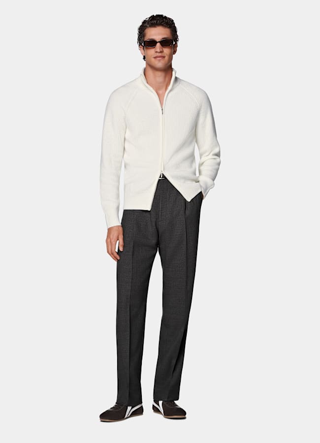 SUITSUPPLY Pure Wool Off-White Ribbed Zip Cardigan