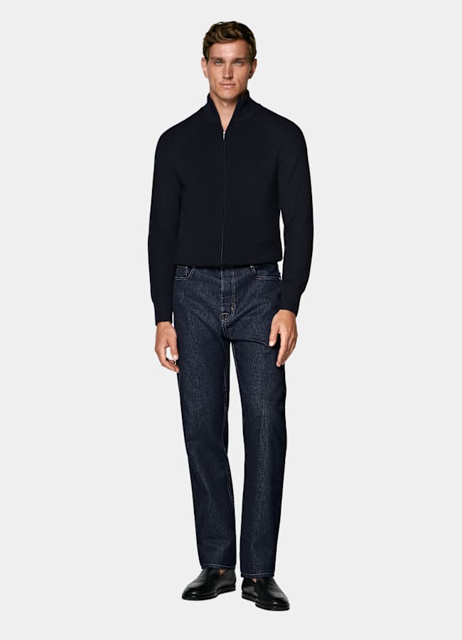 SUITSUPPLY Pure Wool Navy Ribbed Zip Cardigan