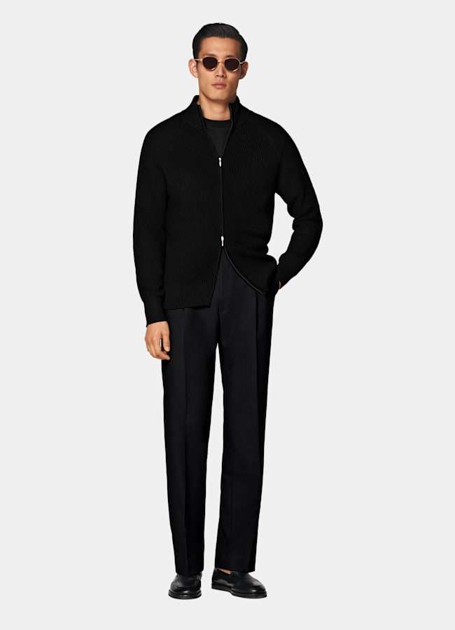SUITSUPPLY Pure Wool Black Ribbed Zip Cardigan