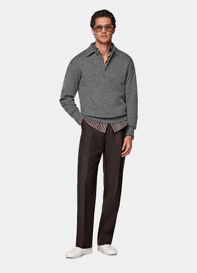 SUITSUPPLY Pure Cashmere Mid Grey Long Sleeve Polo
