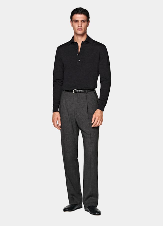 SUITSUPPLY Pure Wool Dark Grey Long Sleeve Polo