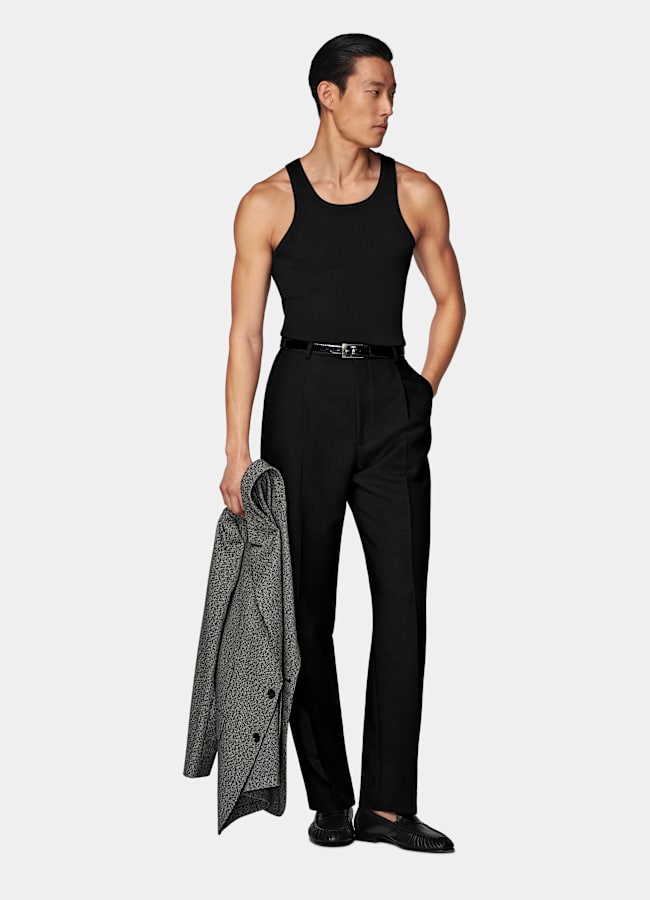 SUITSUPPLY Algodón y seda Camiseta negra acanalada