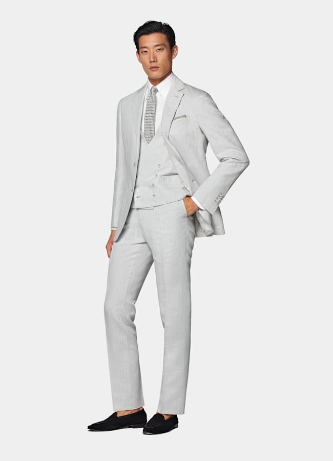 SUITSUPPLY Summer Linen Cotton by Di Sondrio, Italy Light Grey Three-Piece Tailored Fit Havana Suit