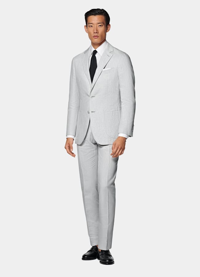 SUITSUPPLY Summer Linen Cotton by Di Sondrio, Italy  Light Grey Tailored Fit Havana Suit