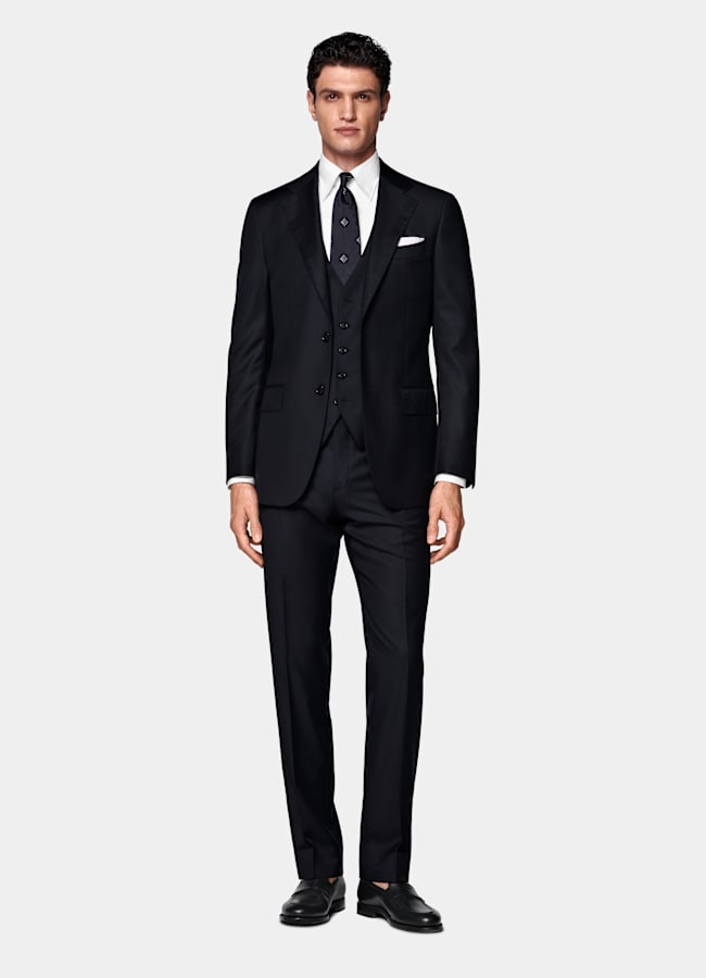 SUITSUPPLY All Season Pure S110's Wool by Vitale Barberis Canonico, Italy Navy Three-Piece Tailored Fit Havana Suit