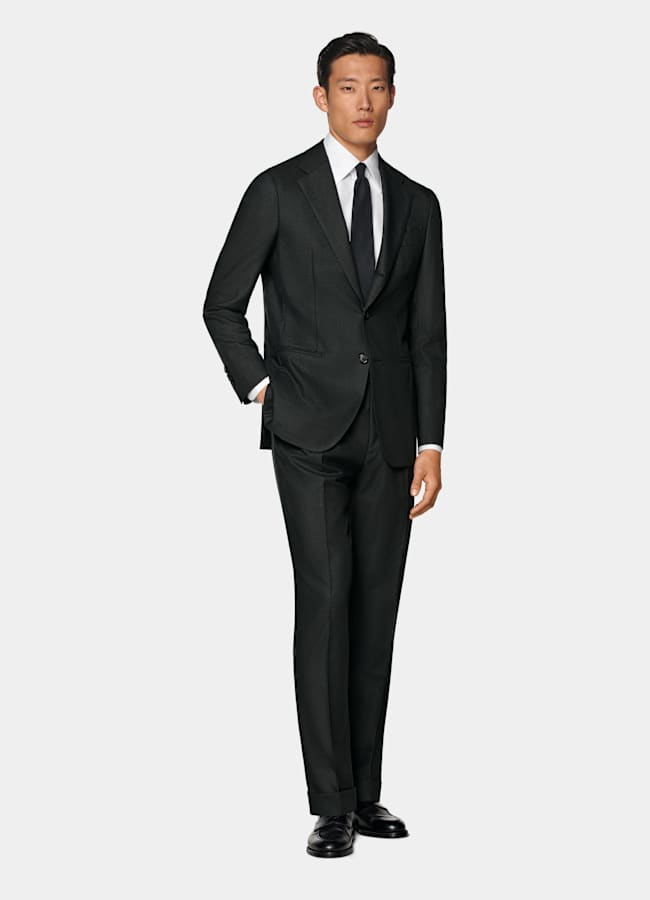 SUITSUPPLY All Season Wrinkle-Free 4-Ply Wool by Rogna, Italy Dark Green Tailored Fit Havana Suit