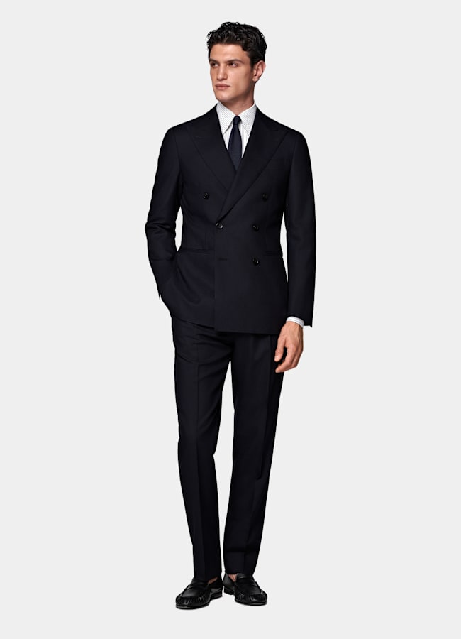 SUITSUPPLY All Season Lana de 4 cabos sin arrugas de Rogna, Italia Traje Havana azul marino corte Tailored