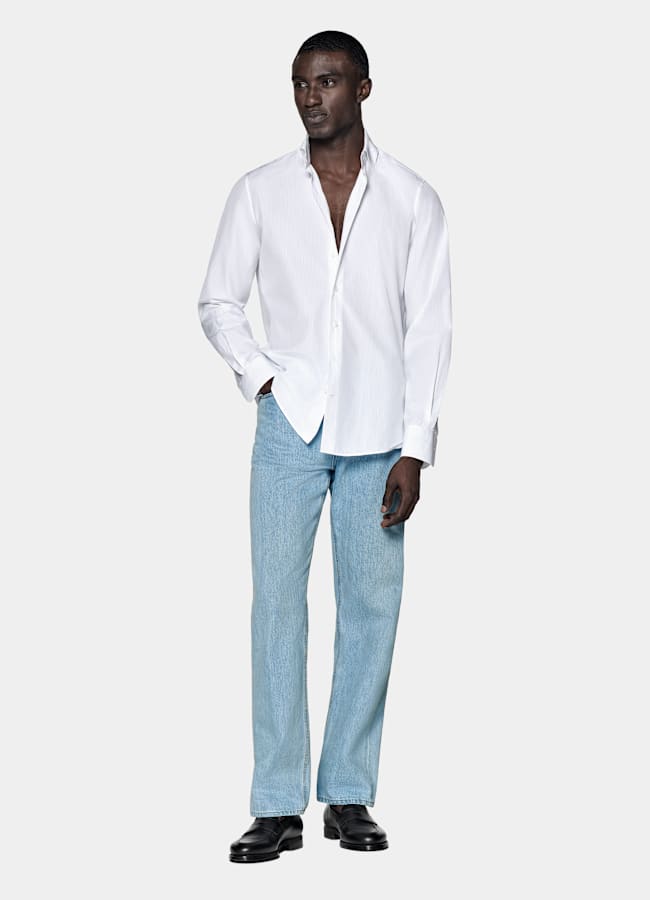 SUITSUPPLY Egyptian Cotton by Albini, Italy White Striped Cotton Shirt