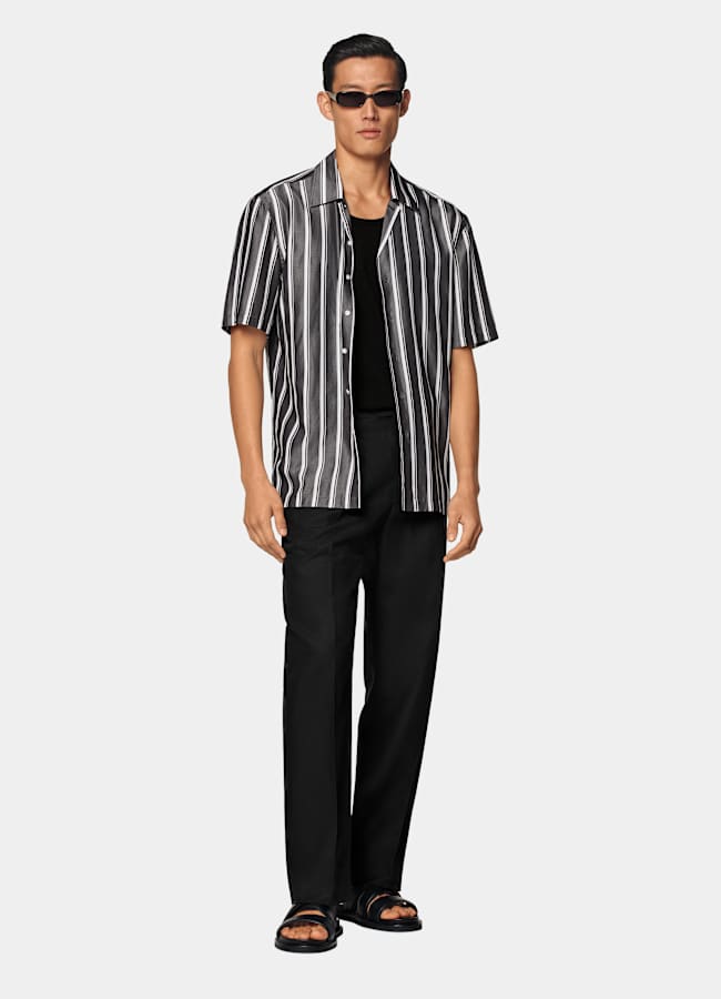 SUITSUPPLY Lyocell by Albini, Italy Black Striped Lyocell Short Sleeve Shirt