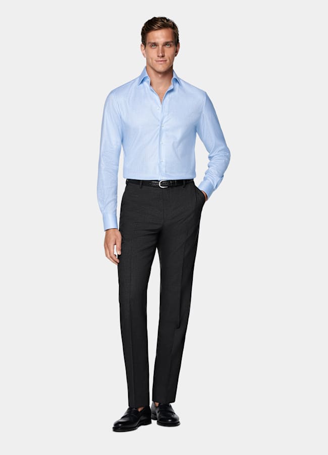 SUITSUPPLY Coton Pima sans repassage - Weba, Suisse Chemise bleu clair pied-de-poule à col évasé