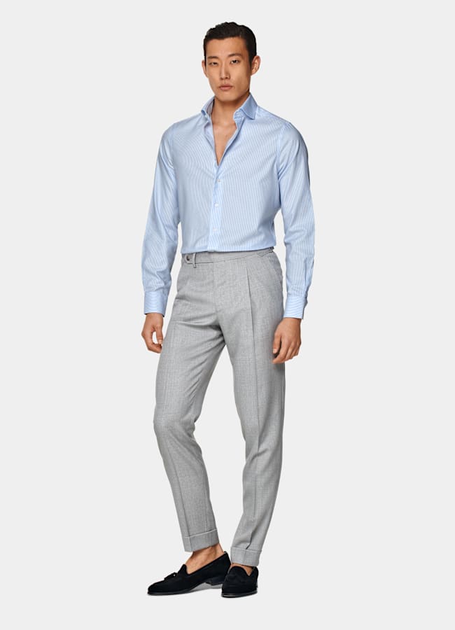SUITSUPPLY Coton infroissable Chemise à col à revers rayée bleu clair