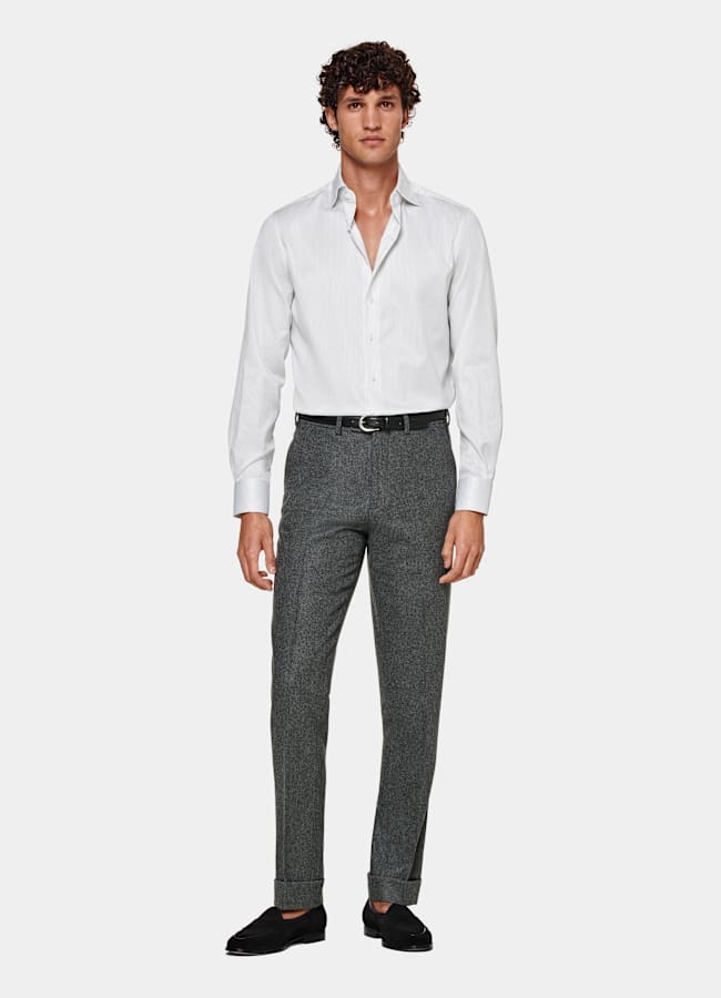 SUITSUPPLY Wrinkle-Free Pima Cotton by Weba, Switzerland Light Grey Striped Widespread Collar Shirt