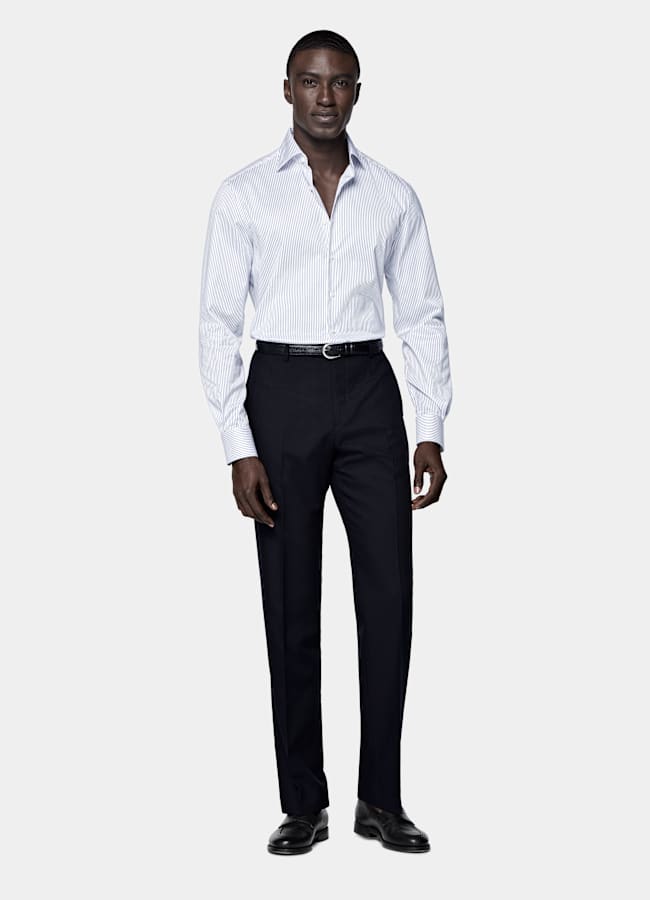 SUITSUPPLY Wrinkle-Free Pima Cotton by Weba, Switzerland Navy Striped Widespread Collar Shirt