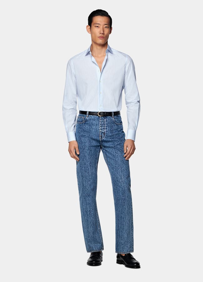 SUITSUPPLY Egyptian Cotton by Albini, Italy Light Blue Striped Widespread Collar Shirt