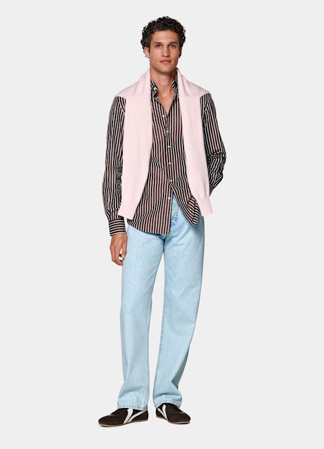 SUITSUPPLY Egyptian Cotton by Thomas Mason, Italy Brown Striped Point Collar Shirt