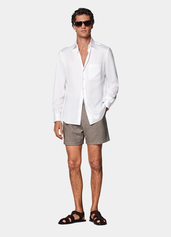 SUITSUPPLY Wrinkle-Free 4-Ply Wool by Rogna, Italy Taupe Straight Leg Shorts