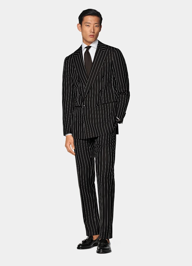 SUITSUPPLY Verano Lana, seda y lino de E.Thomas, Italia Traje Havana marrón oscuro a rayas corte Tailored