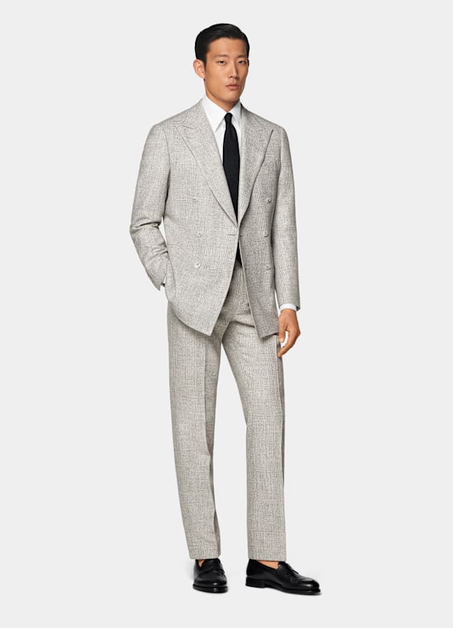 SUITSUPPLY Winter Alpaca Wool Polyamide by Ferla, Italy Light Grey Checked Tailored Fit Havana Suit