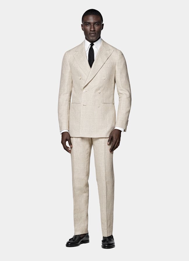 SUITSUPPLY Frühjahr/Sommer Leinen Baumwolle Seide Wolle von Ferla, Italien Sandfarbenes kariertes Havana-Sakko Tailored Fit