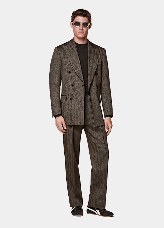 SUITSUPPLY All season Laine 4 fils sans repassage par Rogna, Italie Costume Milano coupe Tailored marron moyen à chevrons