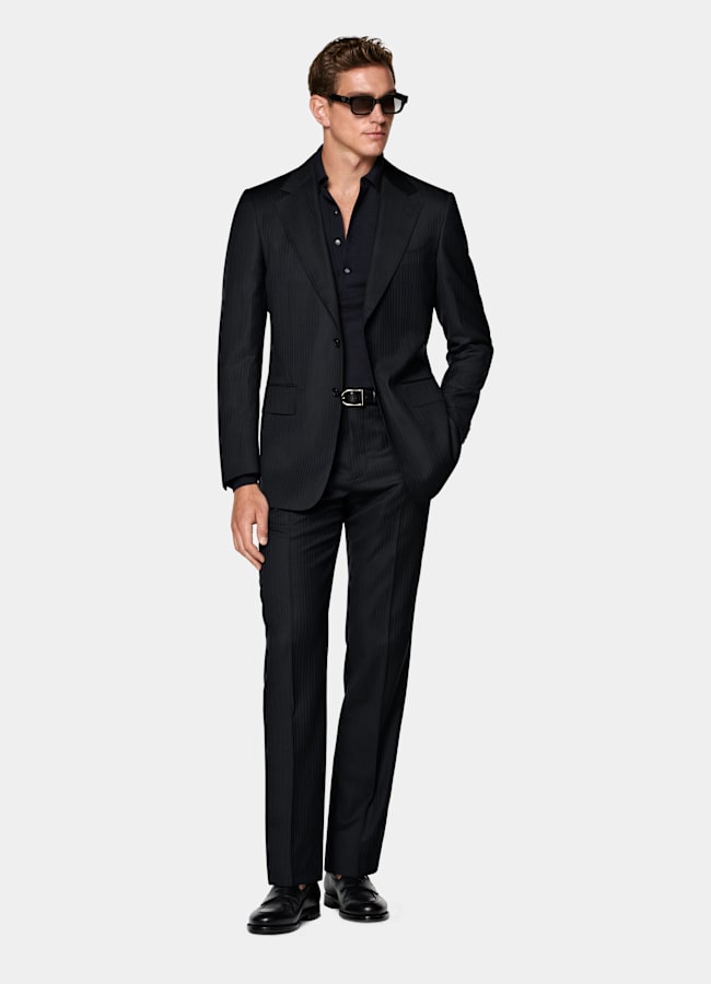 SUITSUPPLY All Season Pure S130's Wool by Carlo Barbera, Italy Navy Striped Tailored Fit Milano Suit