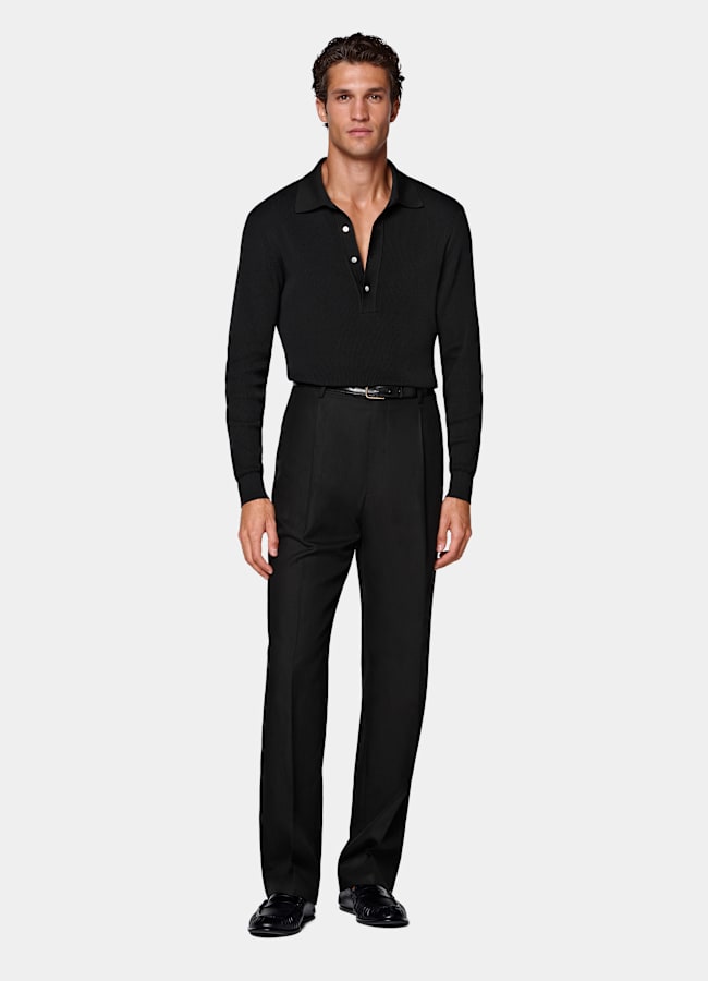 SUITSUPPLY Summer Lyocell Linen Cotton by Di Sondrio, Italy Black Wide Leg Straight Trousers