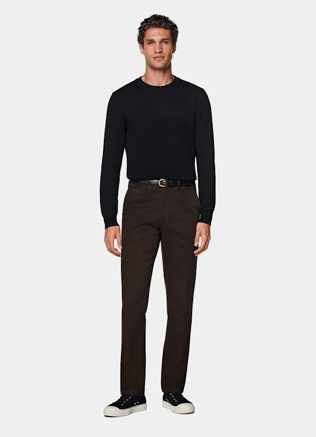 SUITSUPPLY All Season Stretch Cotton by Cervotessile, Italy Dark Brown Slim Leg Straight Chinos